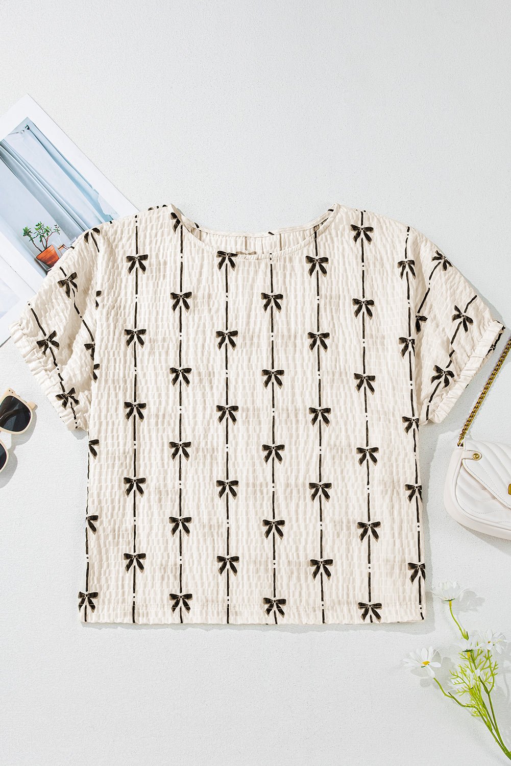 Bow Textured Short Puff Sleeve Top - Rooted & Reckless Co.