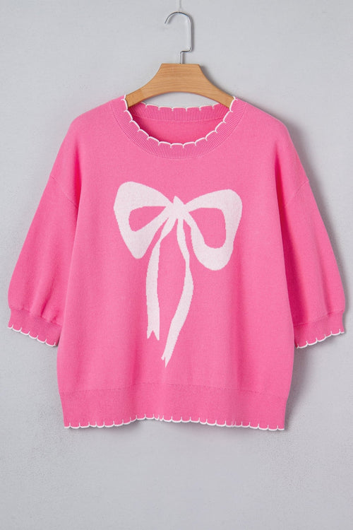 Bow Tie Contrast Stitch 3/4 Sleeve Sweater - Rooted & Reckless Co.