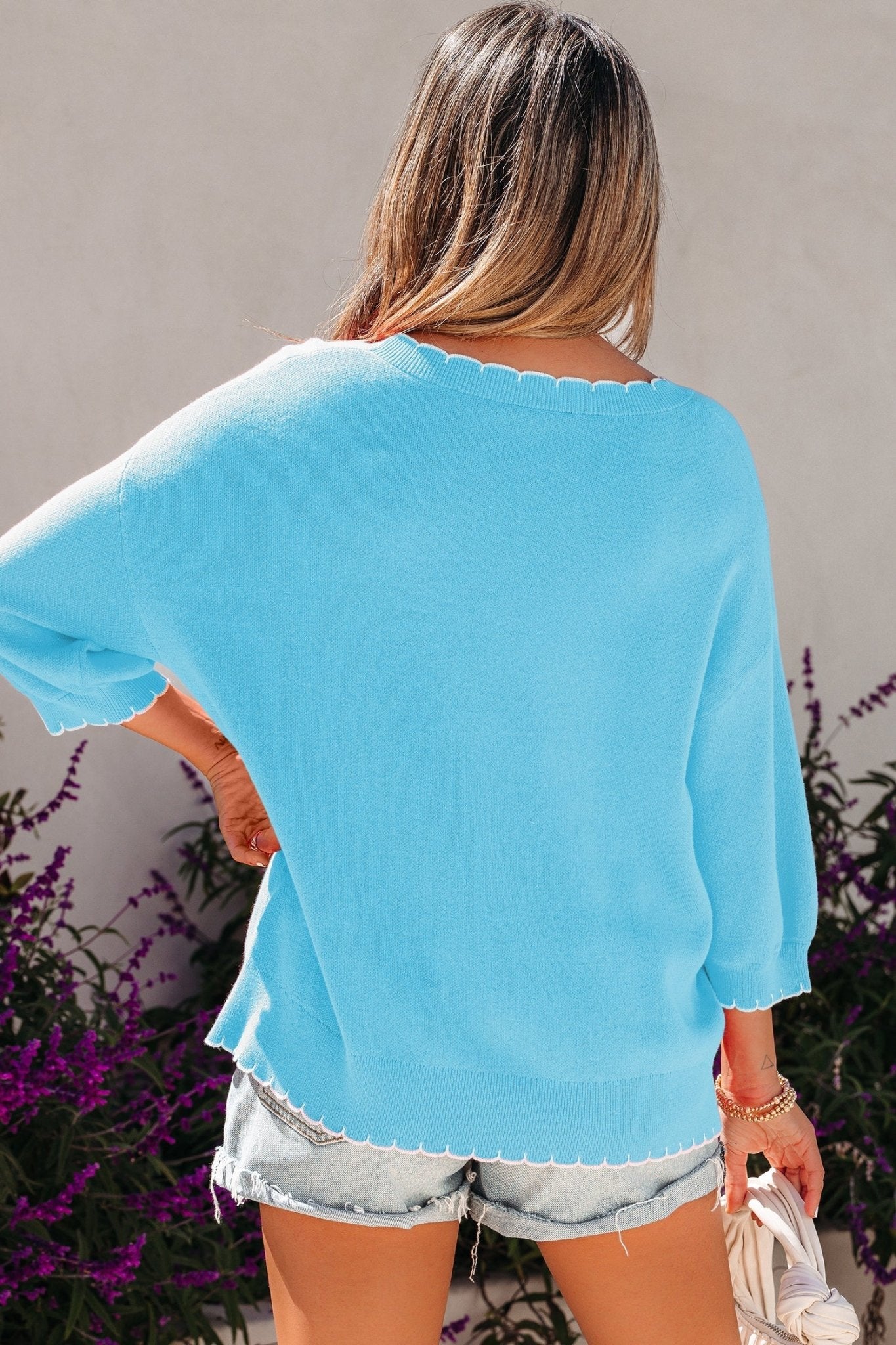 Bow Tie Contrast Stitch 3/4 Sleeve Sweater - Rooted & Reckless Co.