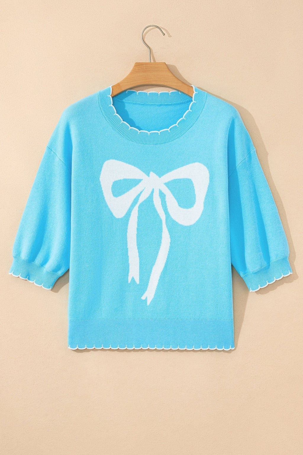 Bow Tie Contrast Stitch 3/4 Sleeve Sweater - Rooted & Reckless Co.