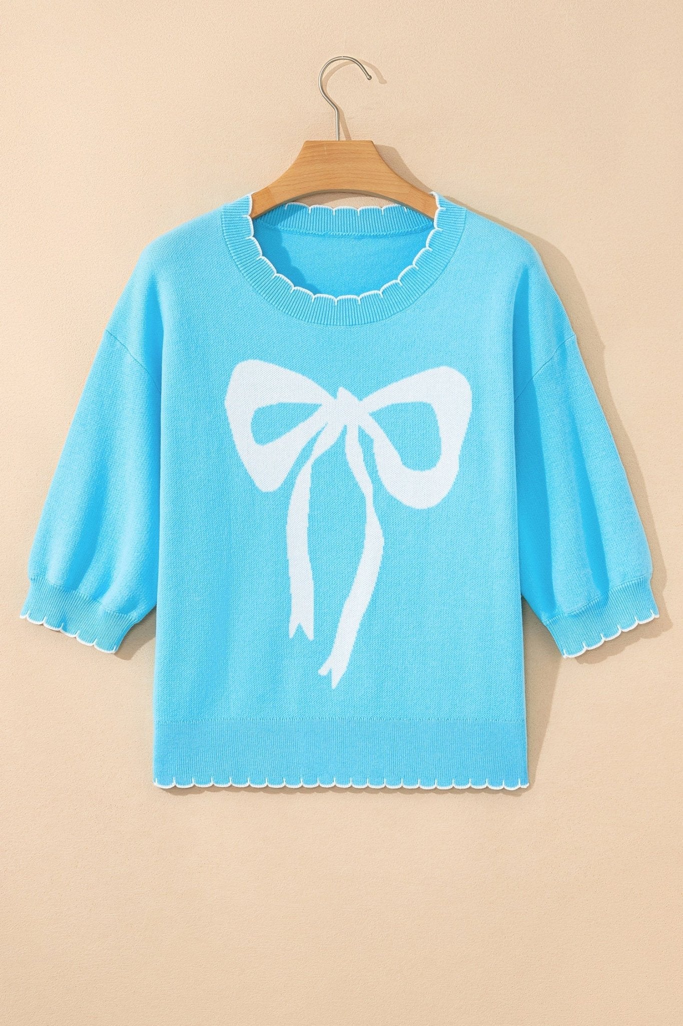 Bow Tie Contrast Stitch 3/4 Sleeve Sweater - Rooted & Reckless Co.
