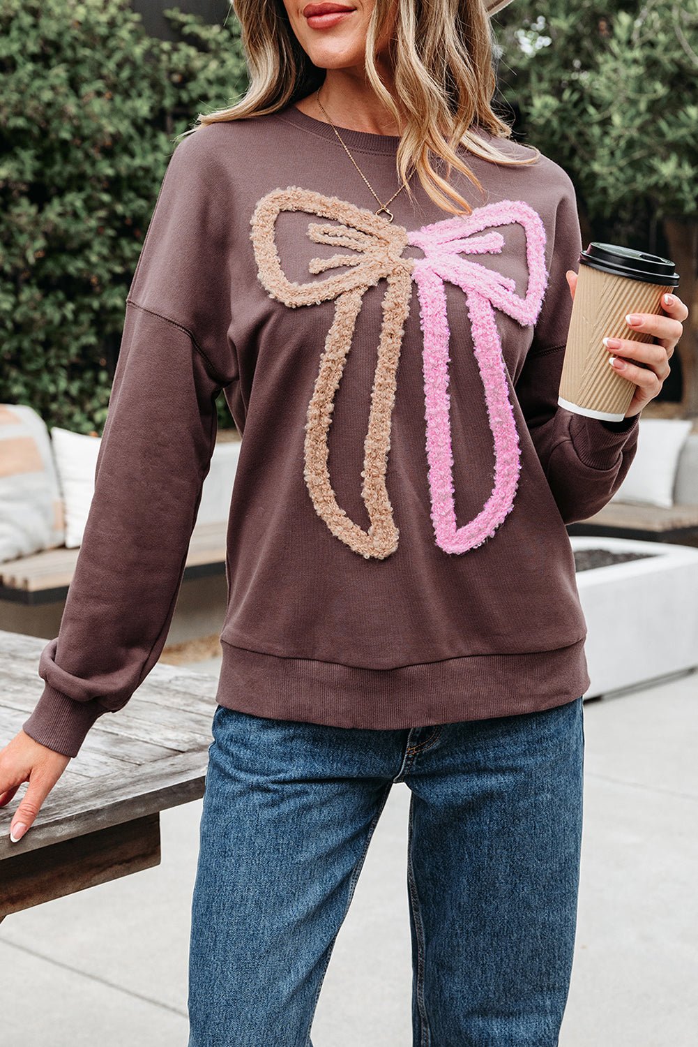 Bow Tie Contrast Terry Drop Shoulder Sweatshirt - Rooted & Reckless Co.