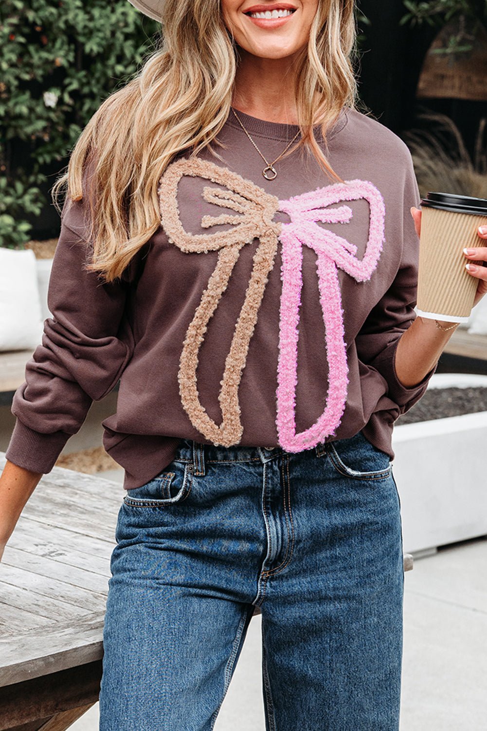 Bow Tie Contrast Terry Drop Shoulder Sweatshirt - Rooted & Reckless Co.