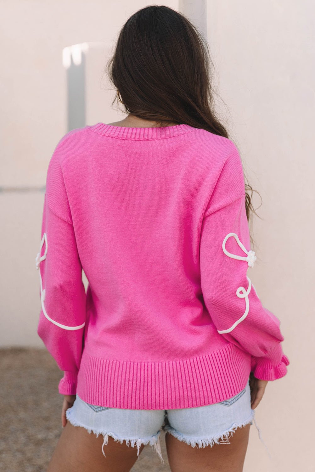Bow Tie Corded Embroidery Ruffle Cuff Sweater - Rooted & Reckless Co.