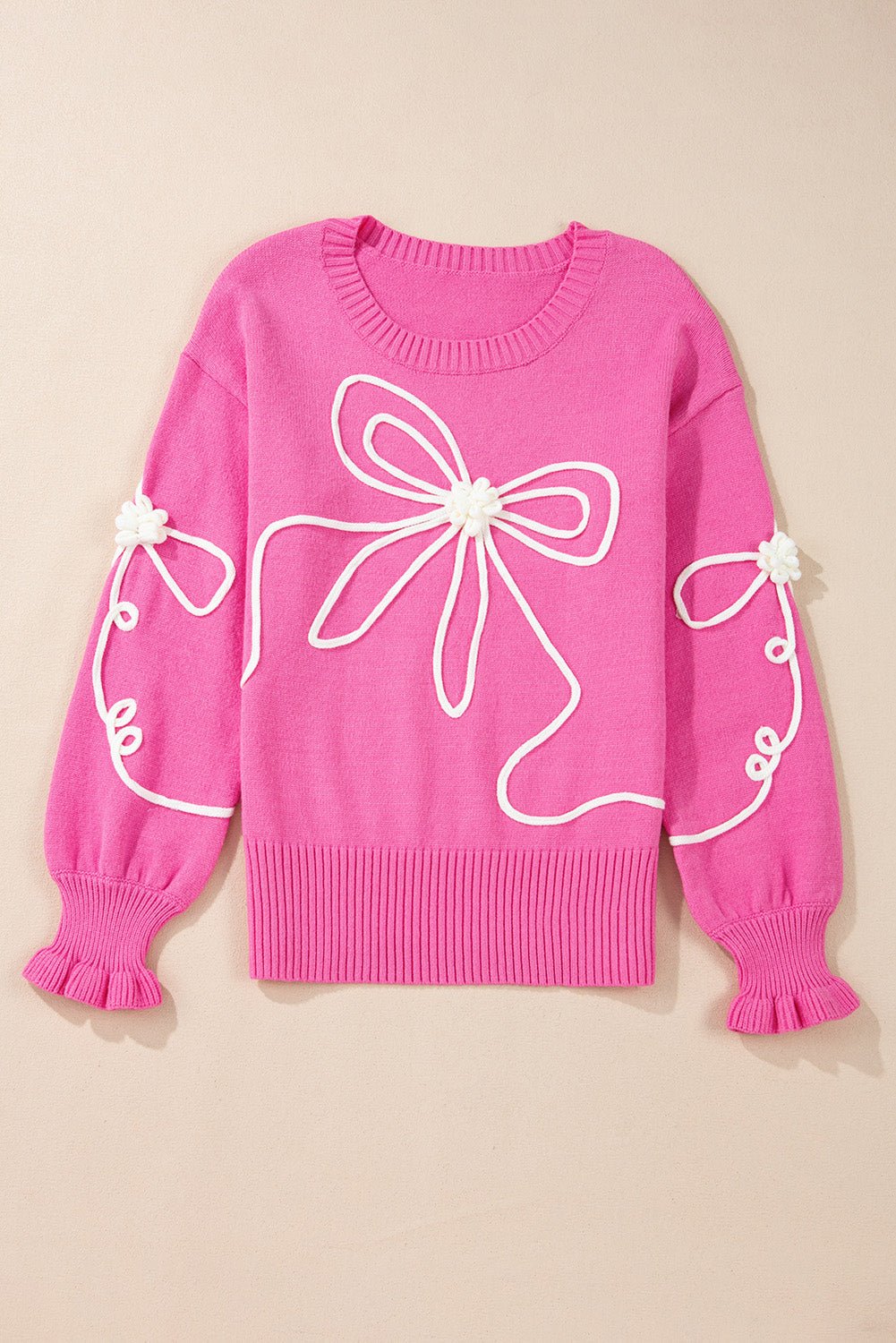 Bow Tie Corded Embroidery Ruffle Cuff Sweater - Rooted & Reckless Co.