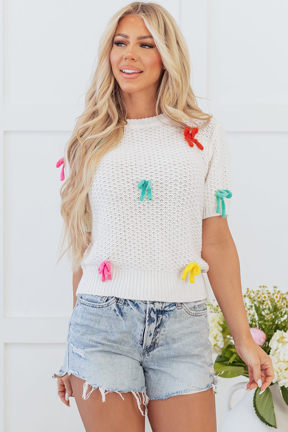 Bow Tie Crewneck Short Sleeve Sweater - Rooted & Reckless Co.