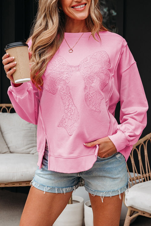 Bow Tie Lace Embroidered Reverse Seam Sweatshirt - Rooted & Reckless Co.