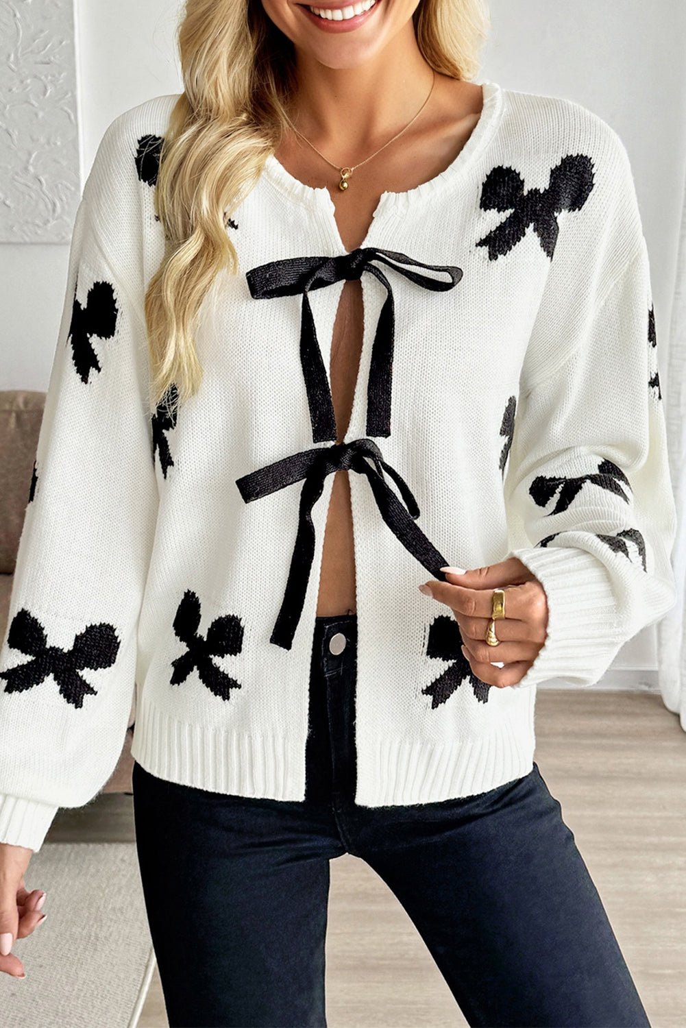 Bow Tie Lace-Up Sweater Cardigan - Rooted & Reckless Co.
