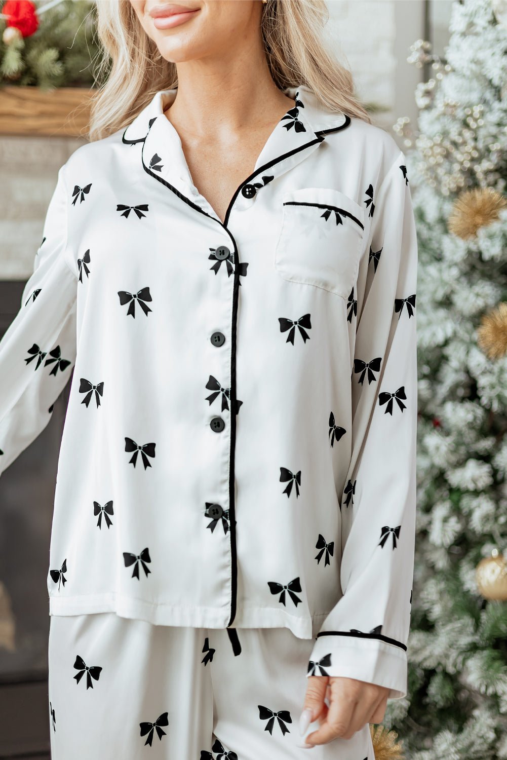 Bow Tie Long Sleeve Top and Pants Pajama Set - Rooted & Reckless Co.