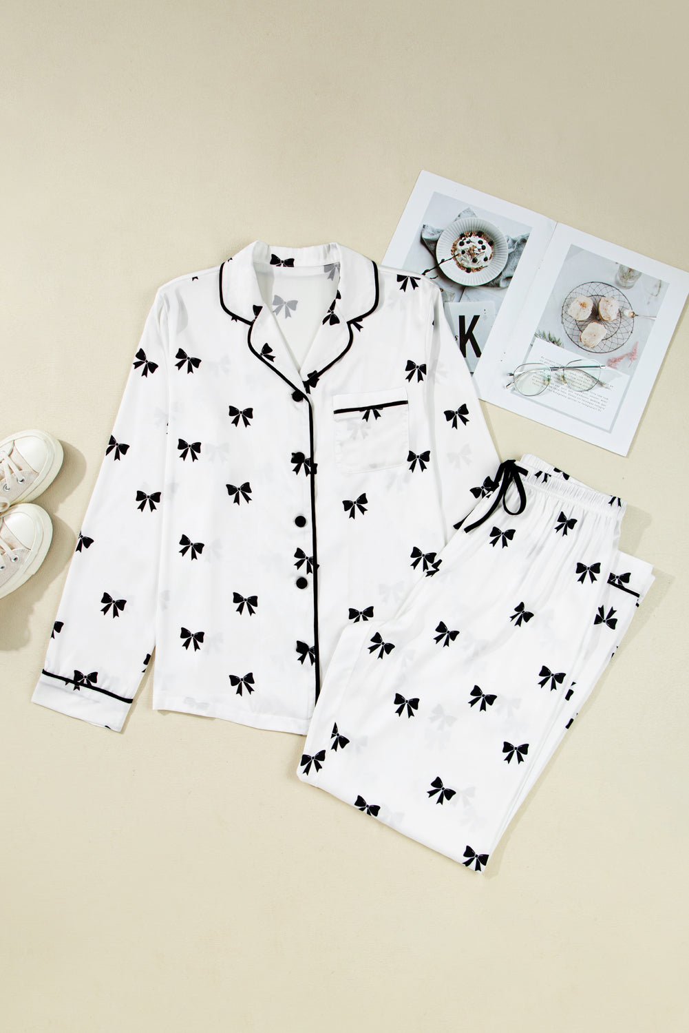 Bow Tie Long Sleeve Top and Pants Pajama Set - Rooted & Reckless Co.