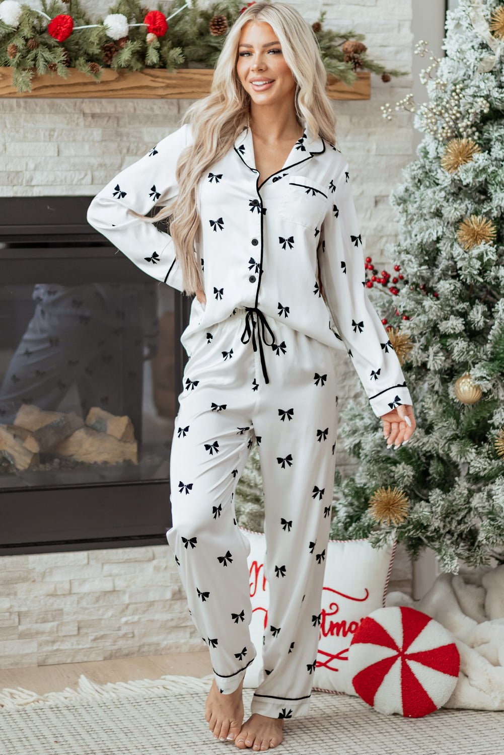 Bow Tie Long Sleeve Top and Pants Pajama Set - Rooted & Reckless Co.
