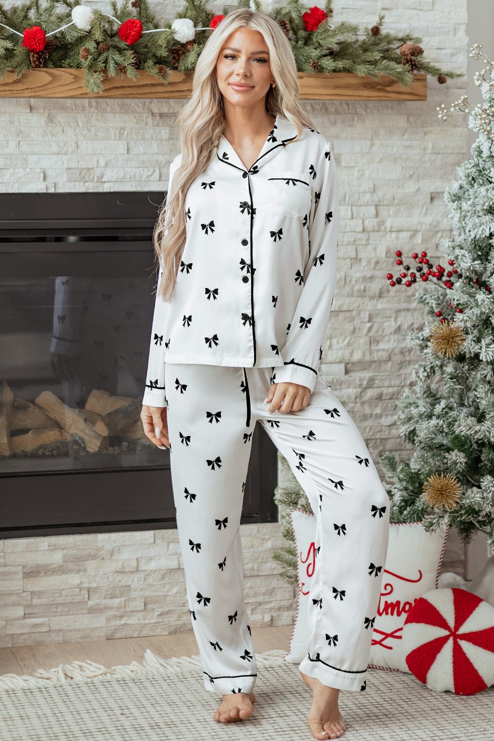 Bow Tie Long Sleeve Top and Pants Pajama Set - Rooted & Reckless Co.