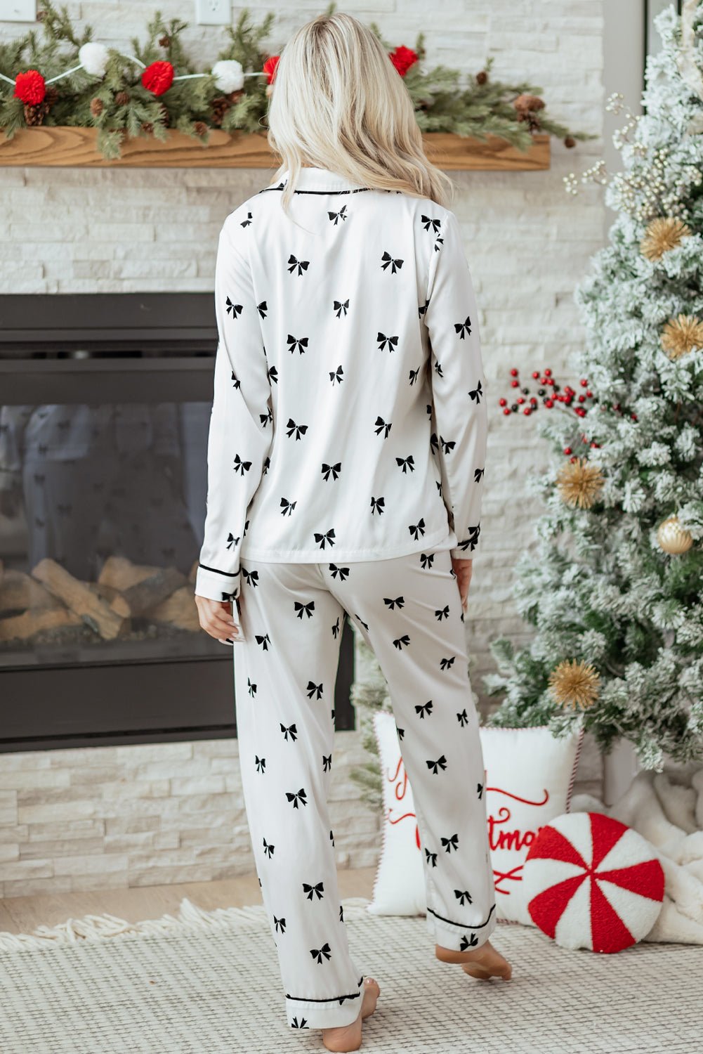 Bow Tie Long Sleeve Top and Pants Pajama Set - Rooted & Reckless Co.