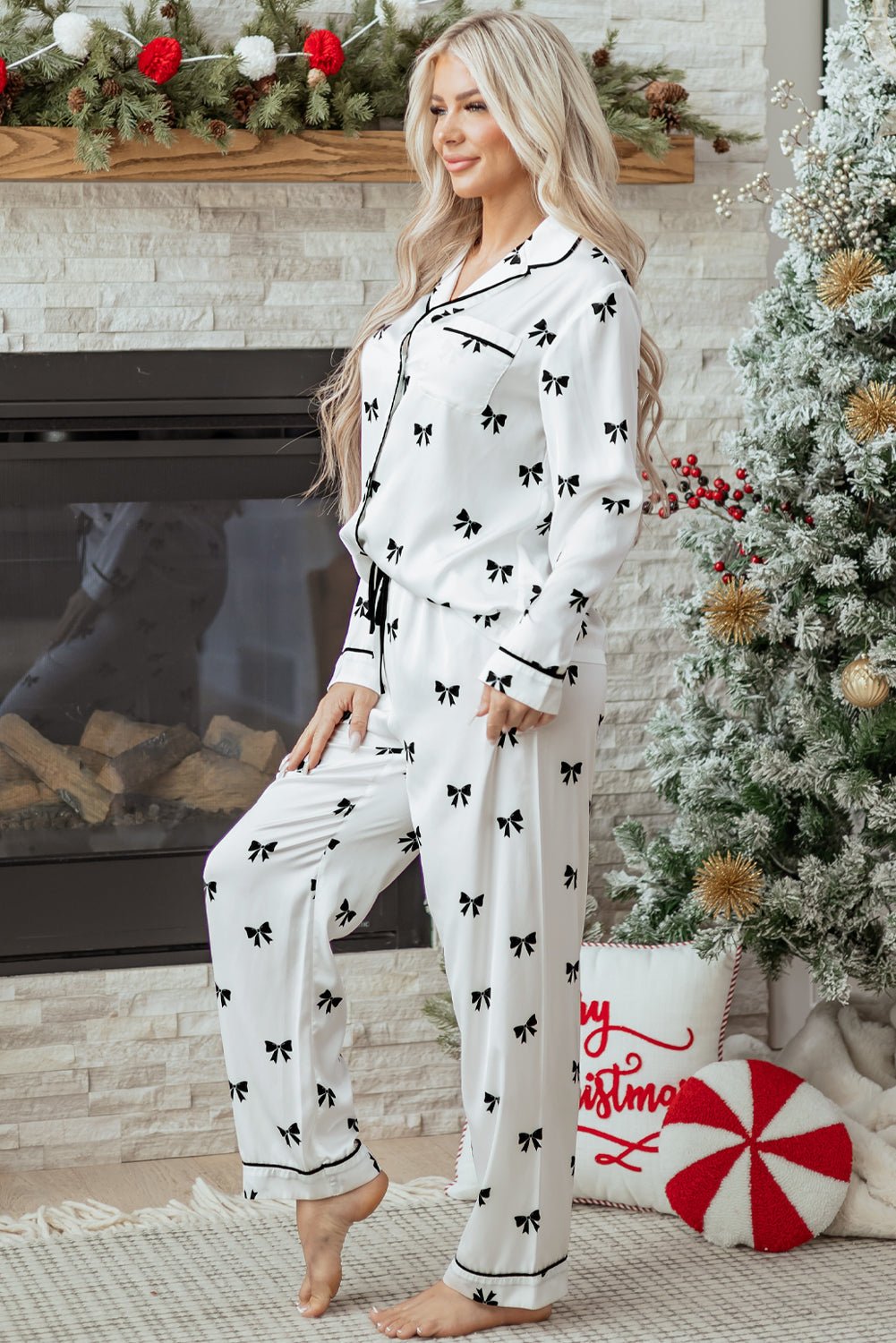 Bow Tie Long Sleeve Top and Pants Pajama Set - Rooted & Reckless Co.
