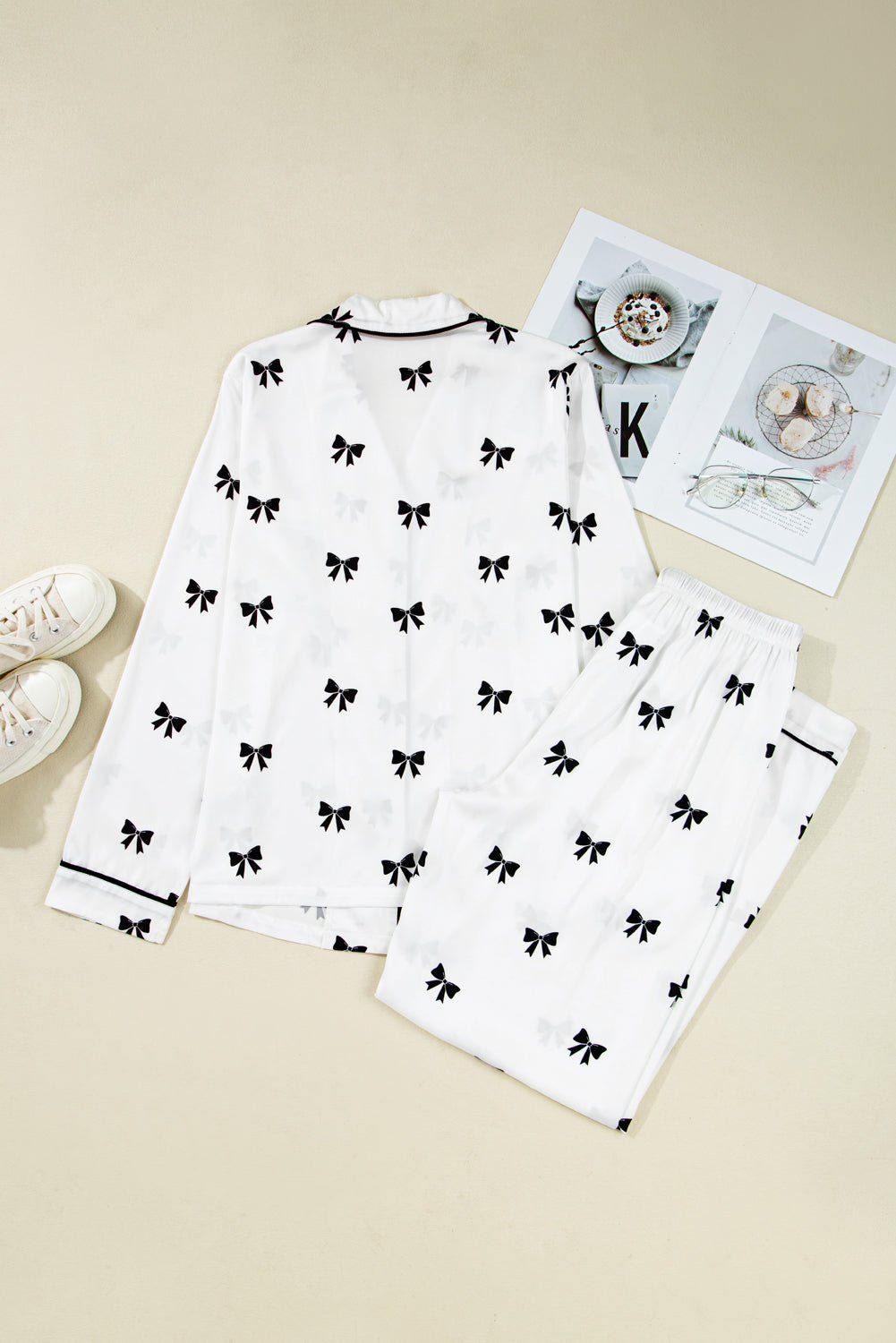 Bow Tie Long Sleeve Top and Pants Pajama Set - Rooted & Reckless Co.