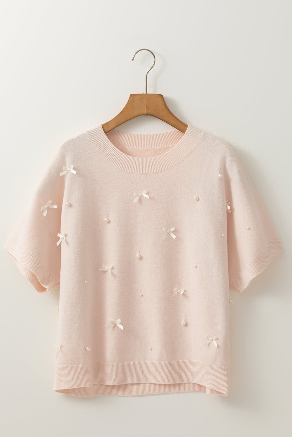 Bow Tie Pearl Embellished Dolman Short Sleeve Sweater - Rooted & Reckless Co.