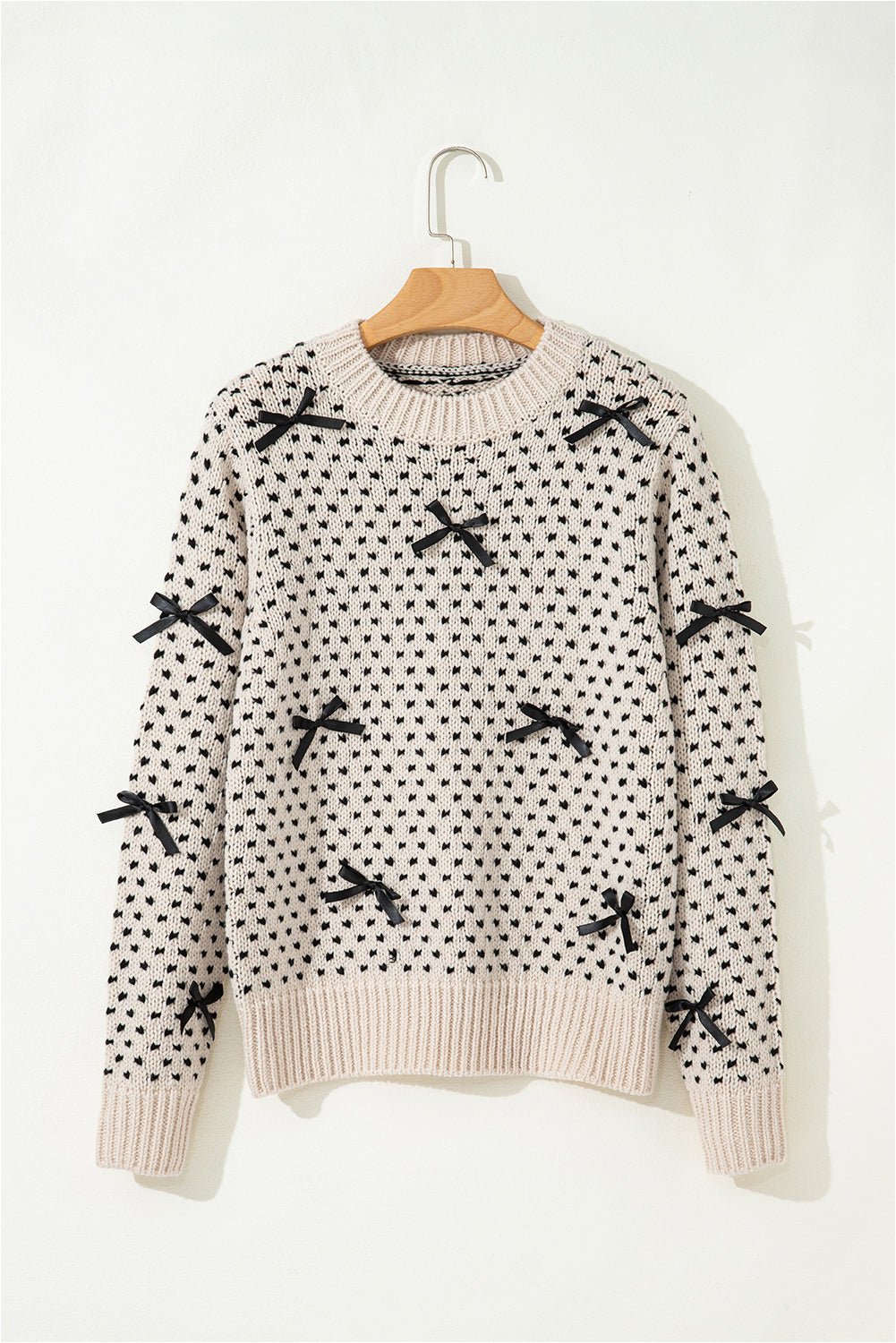 Bow Tie Ribbed Edge Crewneck Long Sleeve Sweater - Rooted & Reckless Co.
