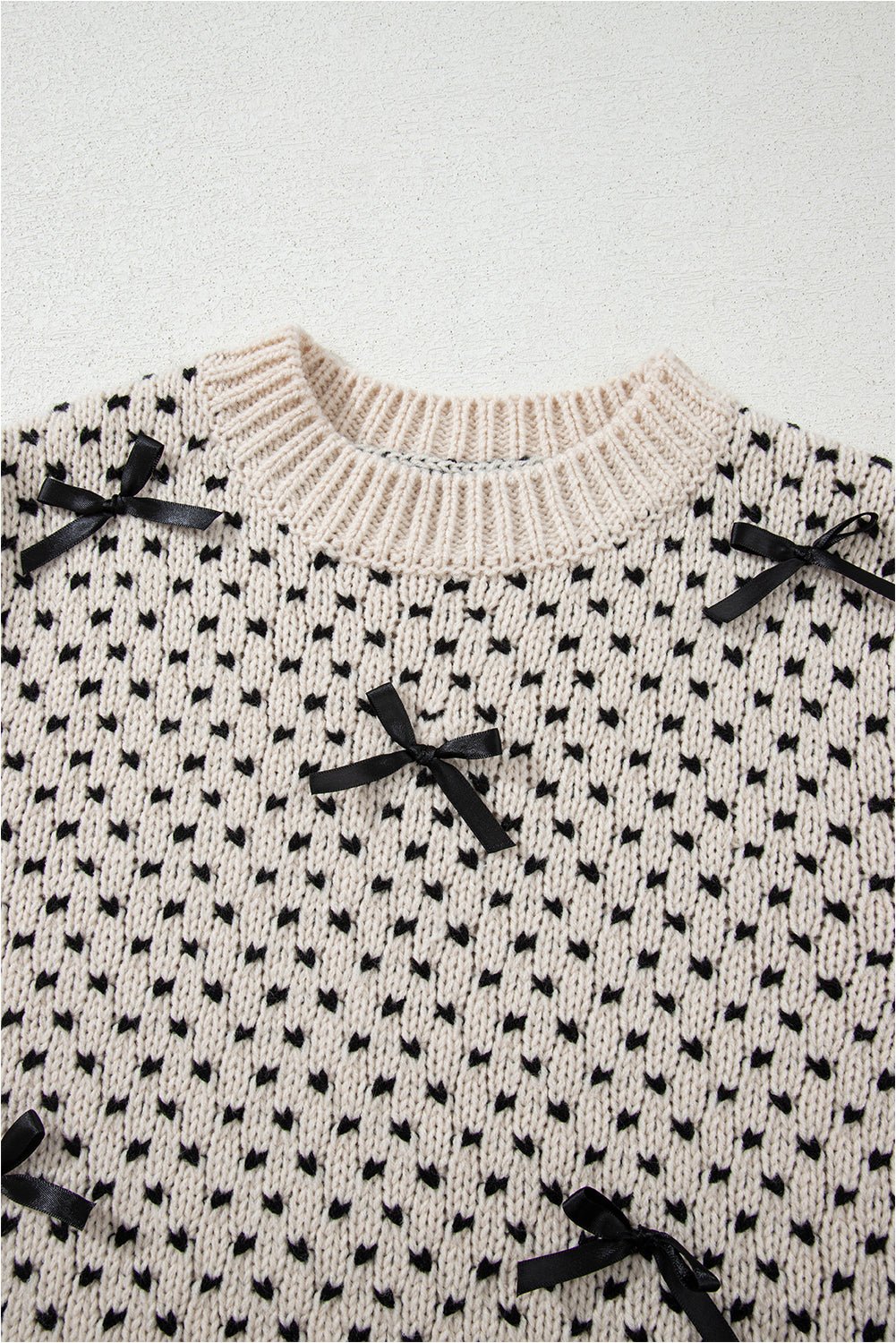 Bow Tie Ribbed Edge Crewneck Long Sleeve Sweater - Rooted & Reckless Co.