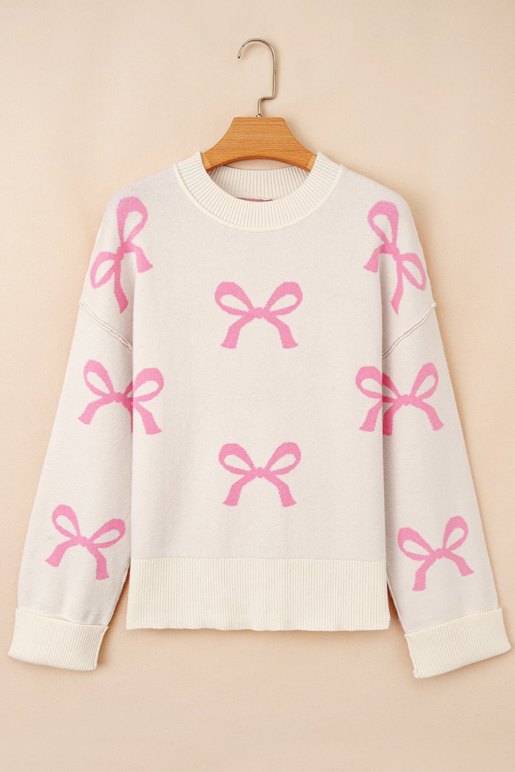 Bow Tie Ribbed Trim Drop Shoulder Sweater - Rooted & Reckless Co.