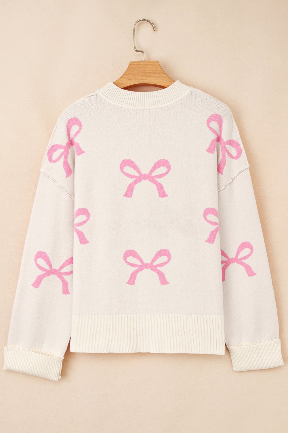 Bow Tie Ribbed Trim Drop Shoulder Sweater - Rooted & Reckless Co.