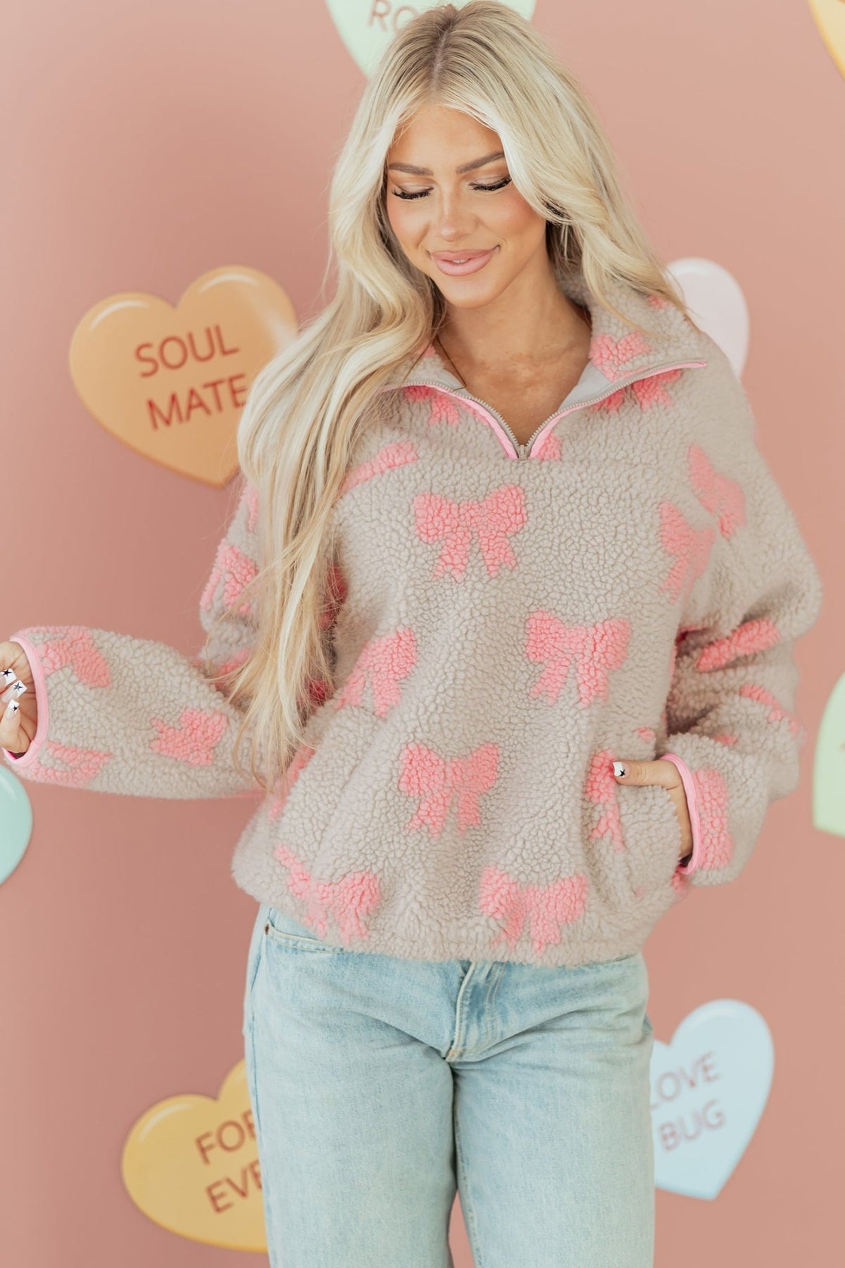 Bow Tie Sherpa Quarter Zip Sweatshirt - Rooted & Reckless Co.