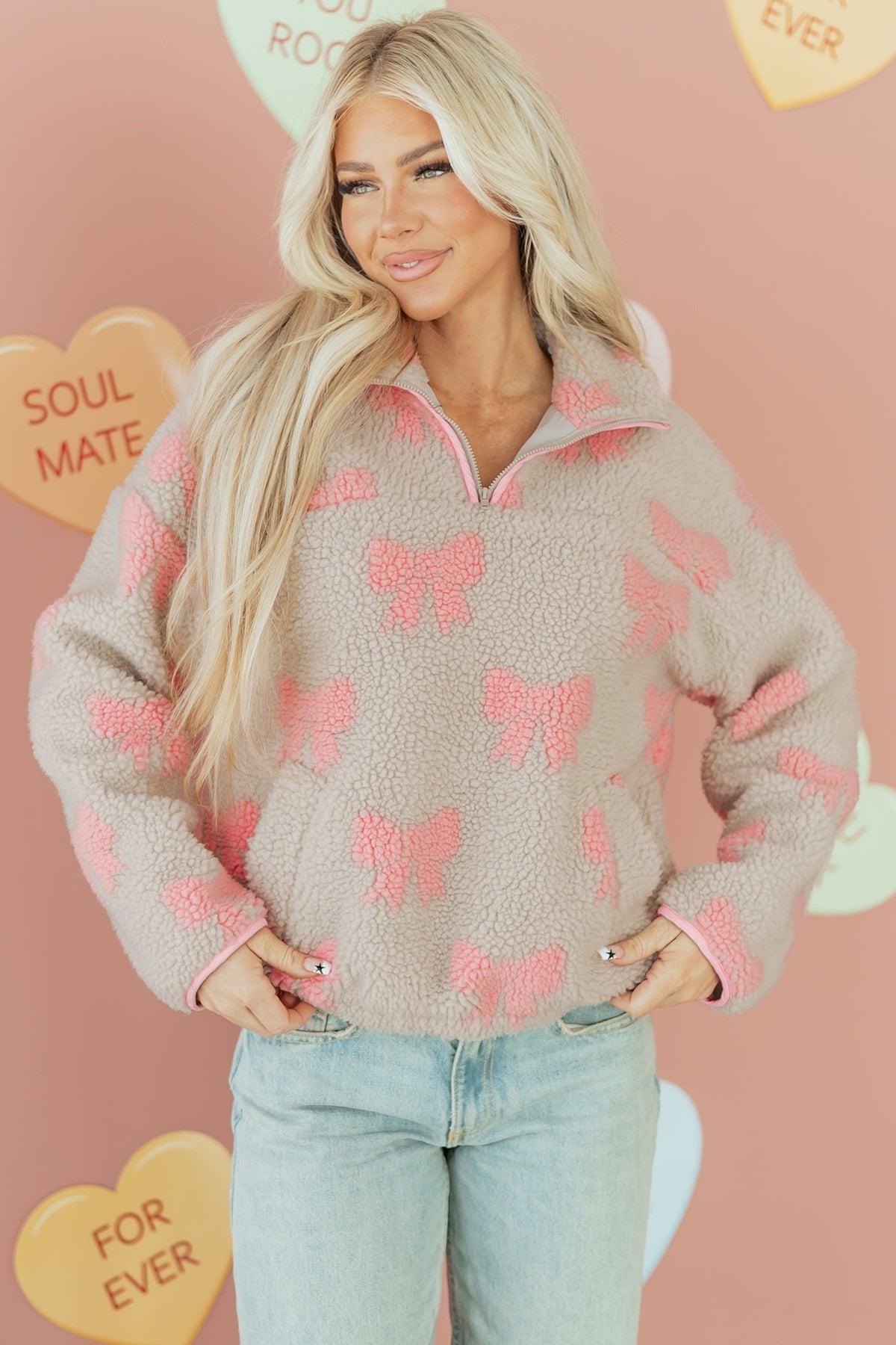 Bow Tie Sherpa Quarter Zip Sweatshirt - Rooted & Reckless Co.