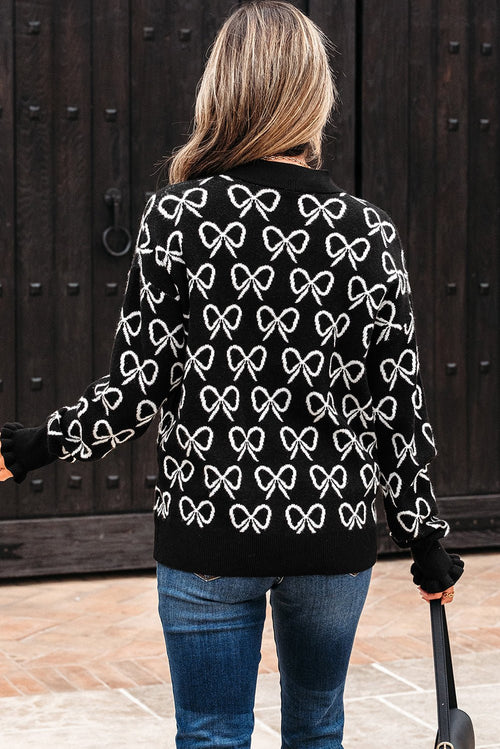 Bow Zipped Collar Drop Shoulder Sweater - Rooted & Reckless Co.