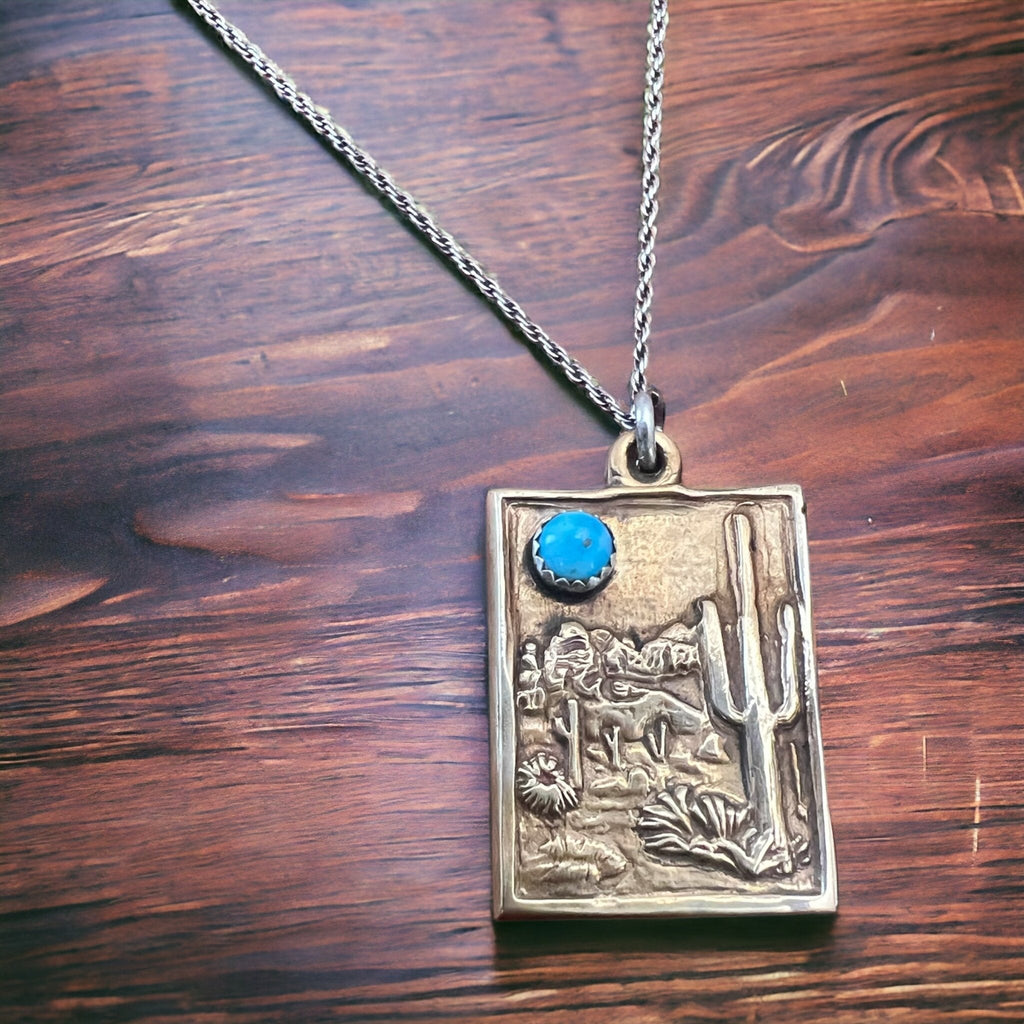 Brass & Sterling Cactus Desert Scenery Pendant with Kingman Turquoise — 18" Sterling Chain Included - Rooted & Reckless Co.