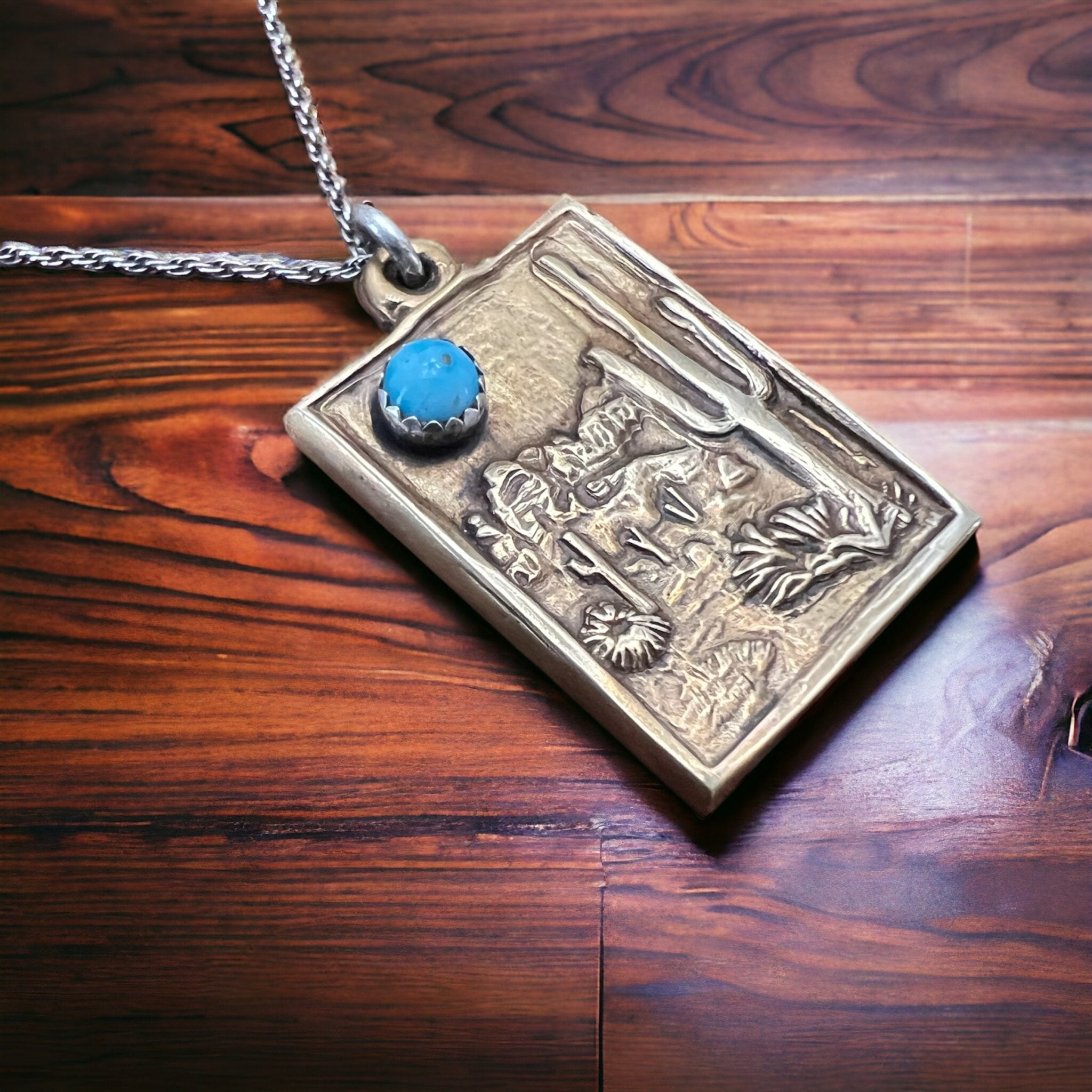 Brass & Sterling Cactus Desert Scenery Pendant with Kingman Turquoise — 18" Sterling Chain Included - Rooted & Reckless Co.