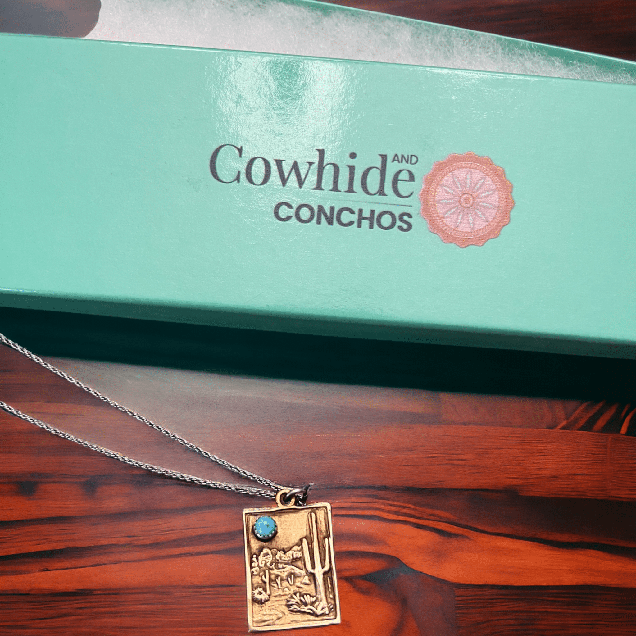 Brass & Sterling Cactus Desert Scenery Pendant with Kingman Turquoise — 18" Sterling Chain Included - Rooted & Reckless Co.