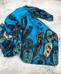 Bright Blue Paisley Border Wild Rag — 36" Silky Polyester Western Scarf - Rooted & Reckless Co.