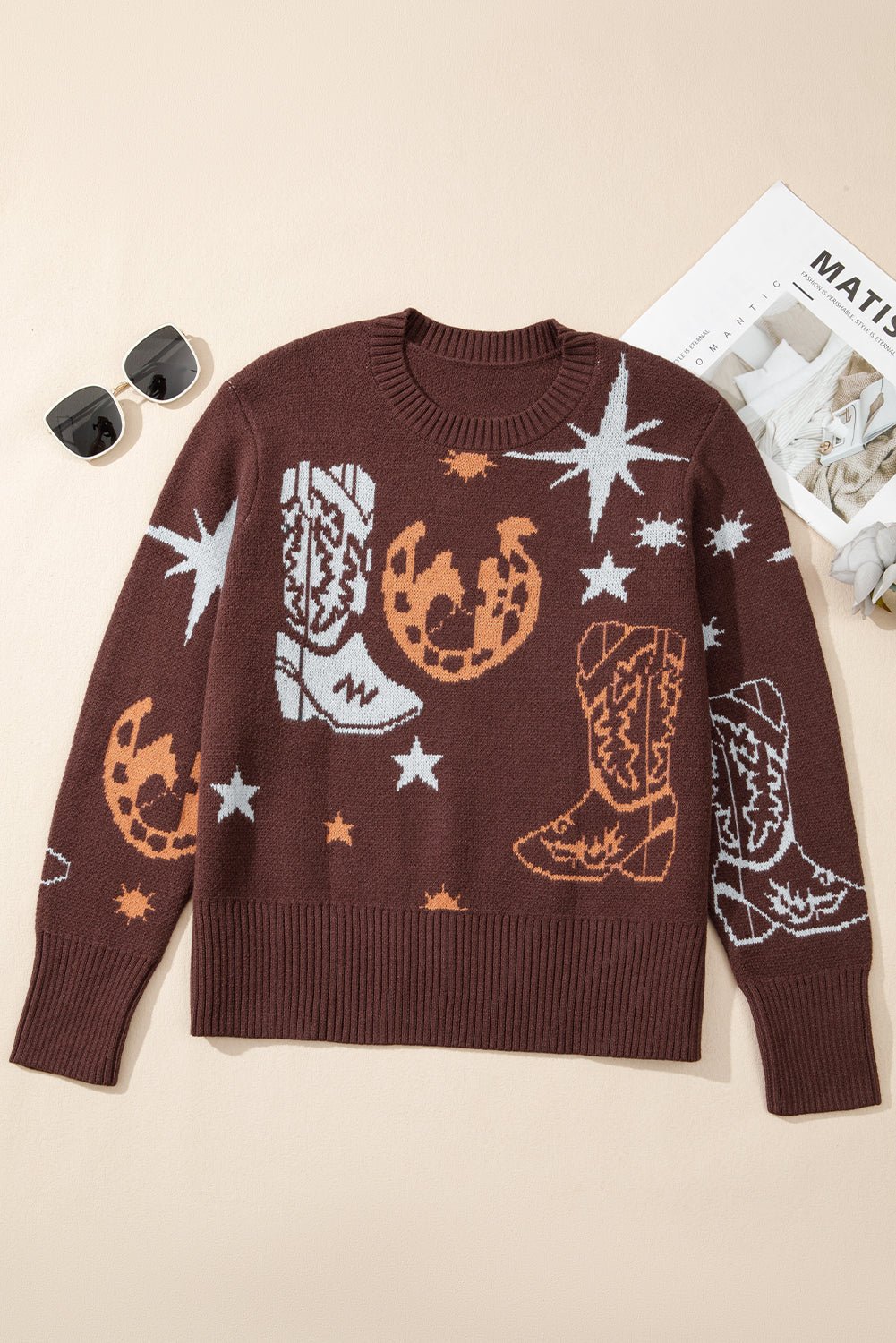 Brown Cowgirl Fashion Print Casual Sweater - Rooted & Reckless Co.