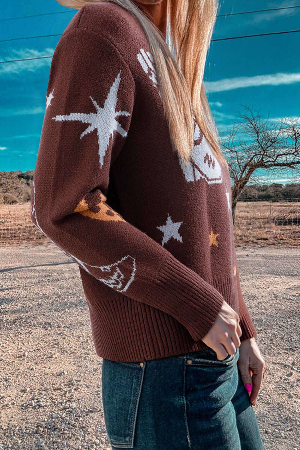 Brown Cowgirl Fashion Print Casual Sweater - Rooted & Reckless Co.