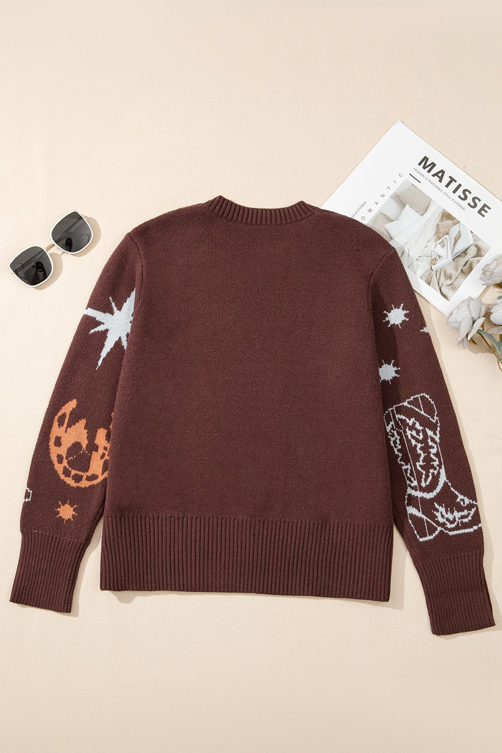Brown Cowgirl Fashion Print Casual Sweater - Rooted & Reckless Co.