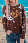 Brown Cowgirl Fashion Print Casual Sweater - Rooted & Reckless Co.