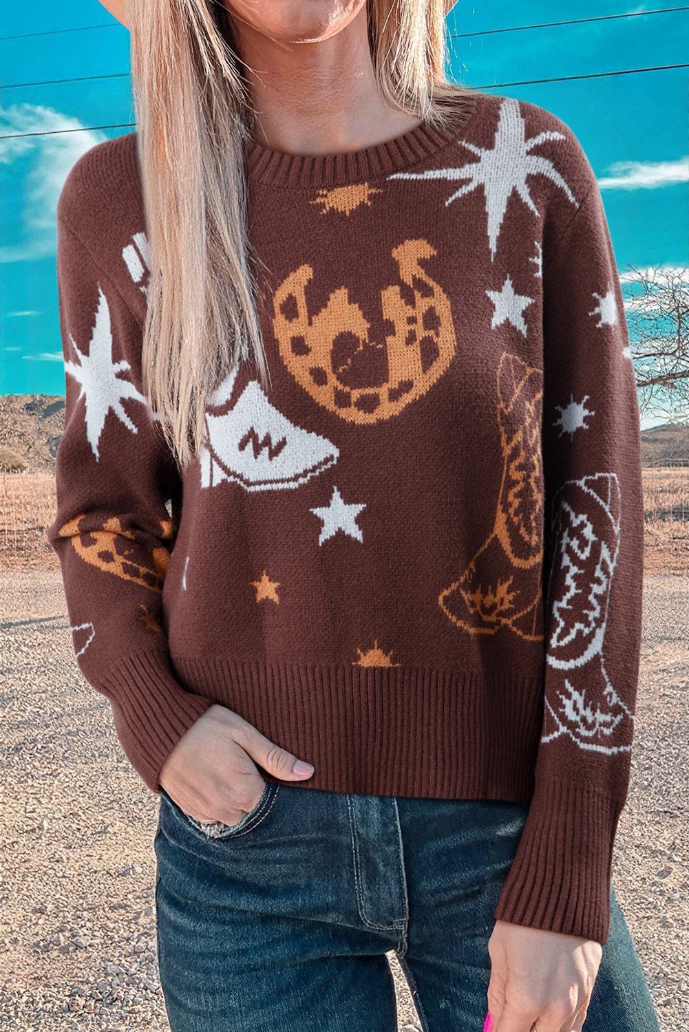 Brown Cowgirl Fashion Print Casual Sweater - Rooted & Reckless Co.