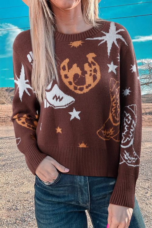 Brown Cowgirl Fashion Print Casual Sweater - Rooted & Reckless Co.