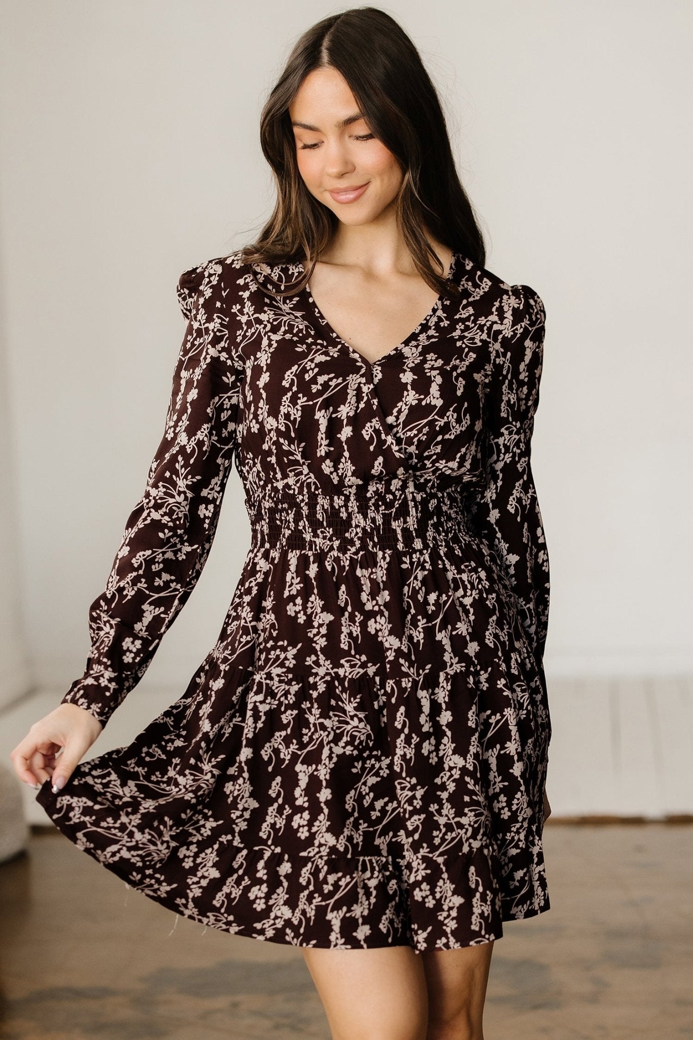 Brown Ditsy Floral Print Split Neck Long Sleeve Shirred Waist Flared Mini Dress - Rooted & Reckless Co.