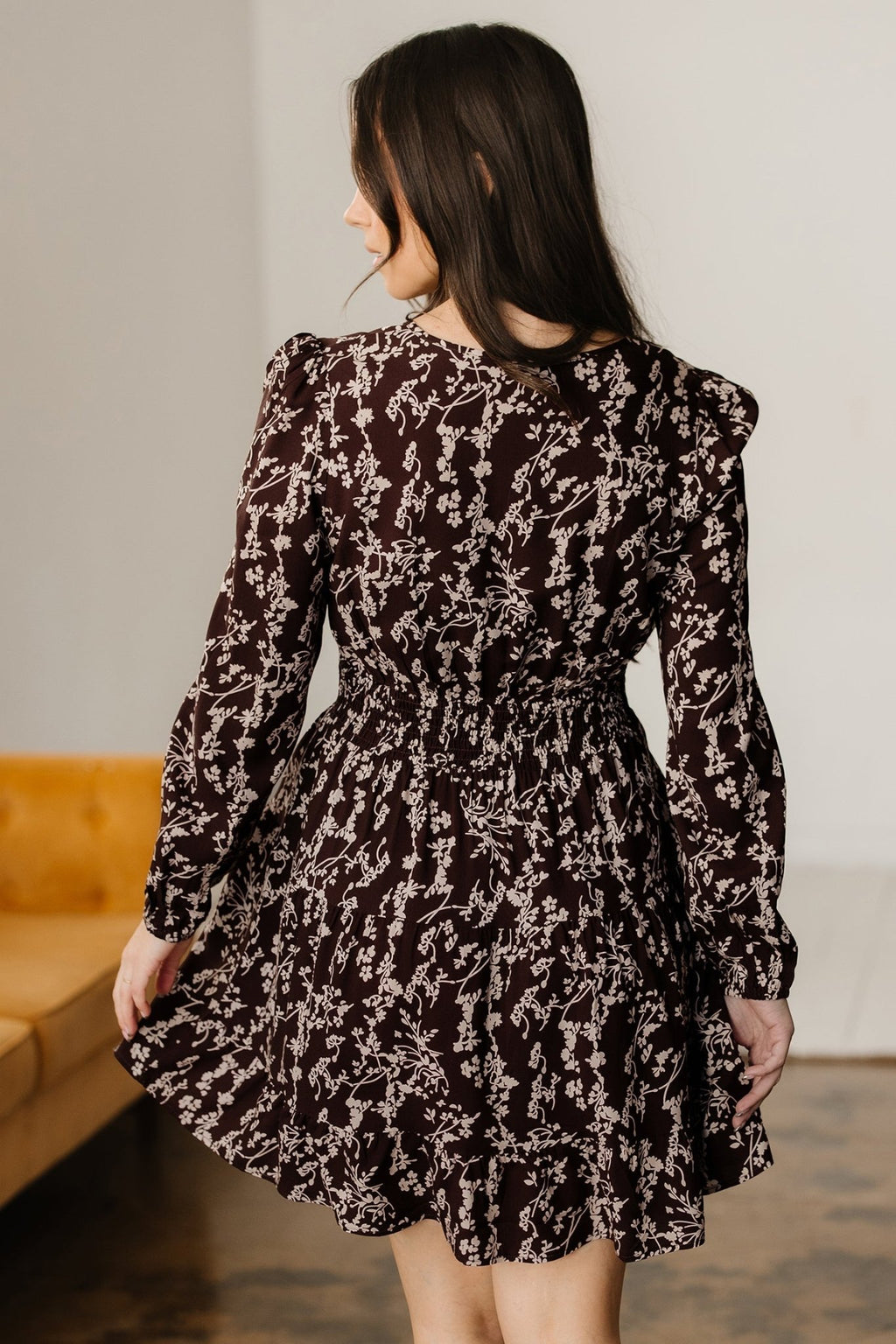 Brown Ditsy Floral Print Split Neck Long Sleeve Shirred Waist Flared Mini Dress - Rooted & Reckless Co.