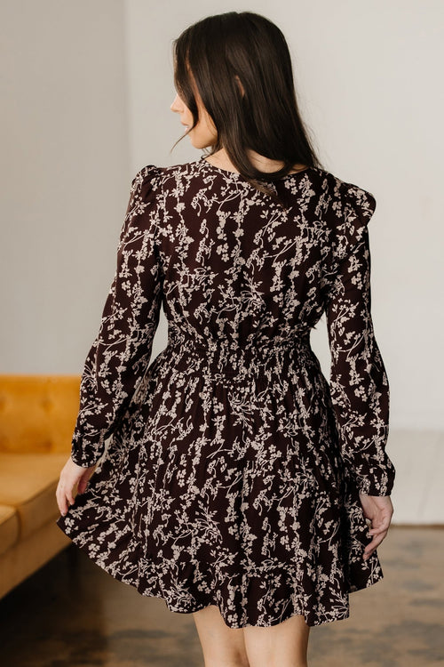 Brown Ditsy Floral Print Split Neck Long Sleeve Shirred Waist Flared Mini Dress - Rooted & Reckless Co.