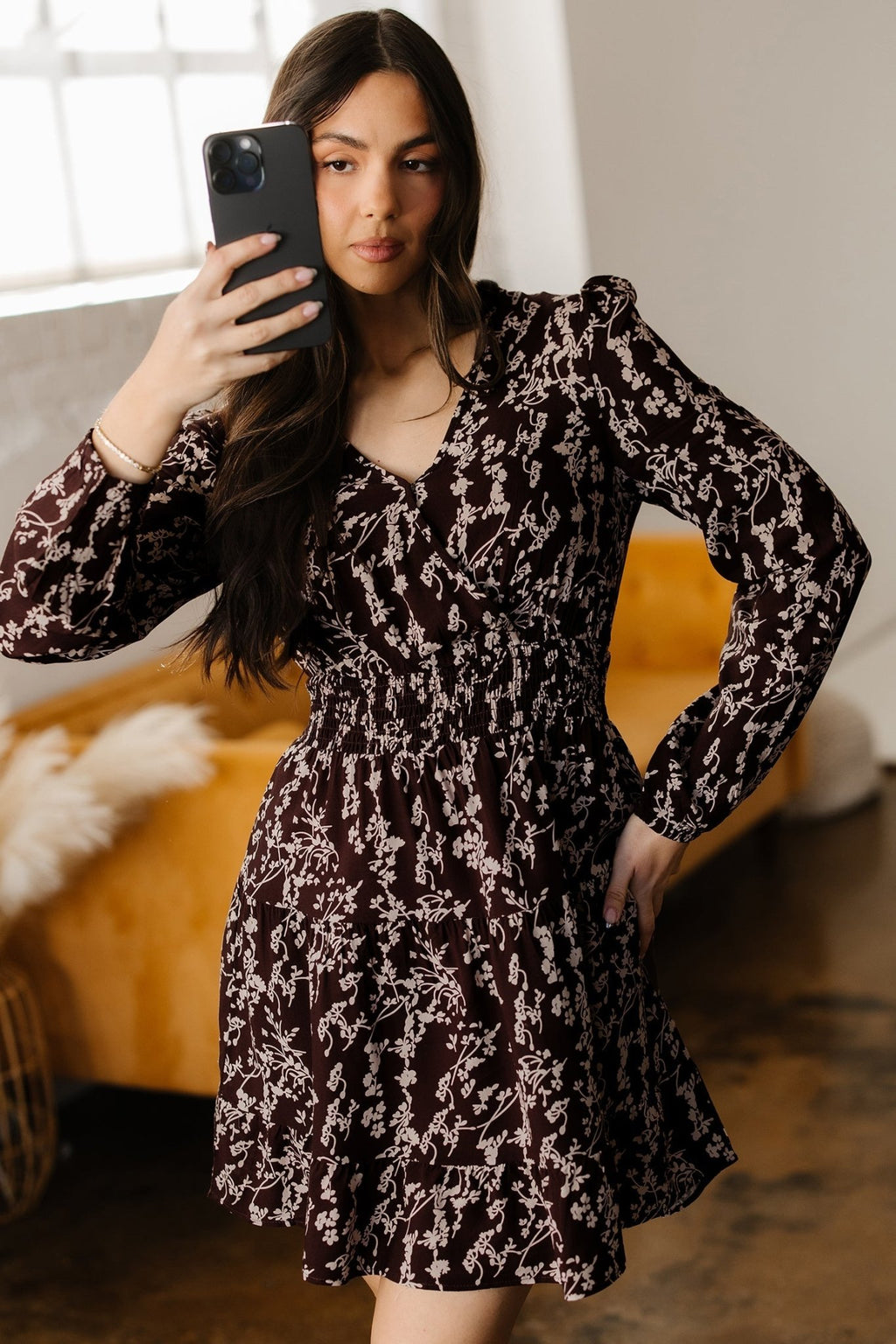 Brown Ditsy Floral Print Split Neck Long Sleeve Shirred Waist Flared Mini Dress - Rooted & Reckless Co.