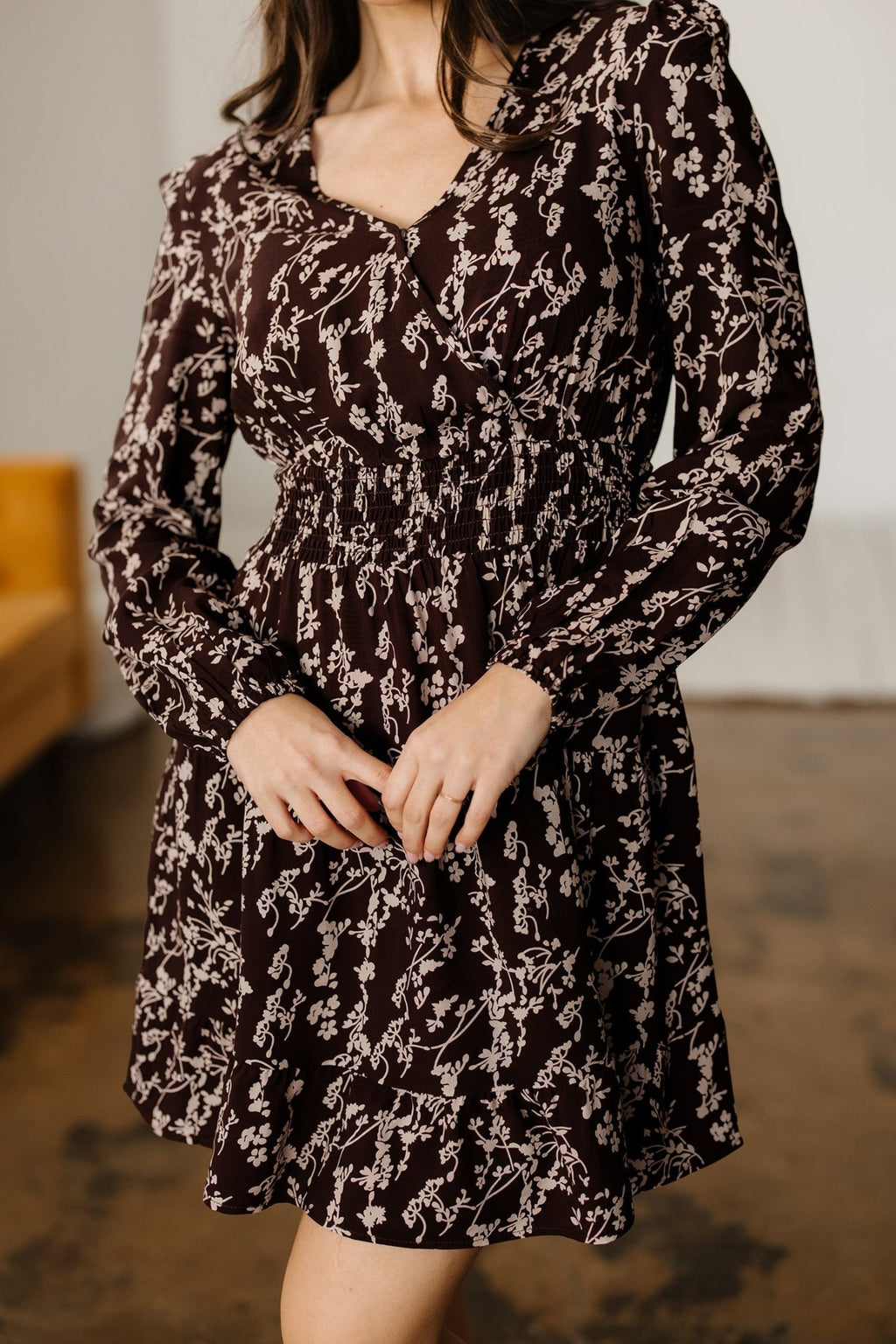 Brown Ditsy Floral Print Split Neck Long Sleeve Shirred Waist Flared Mini Dress - Rooted & Reckless Co.