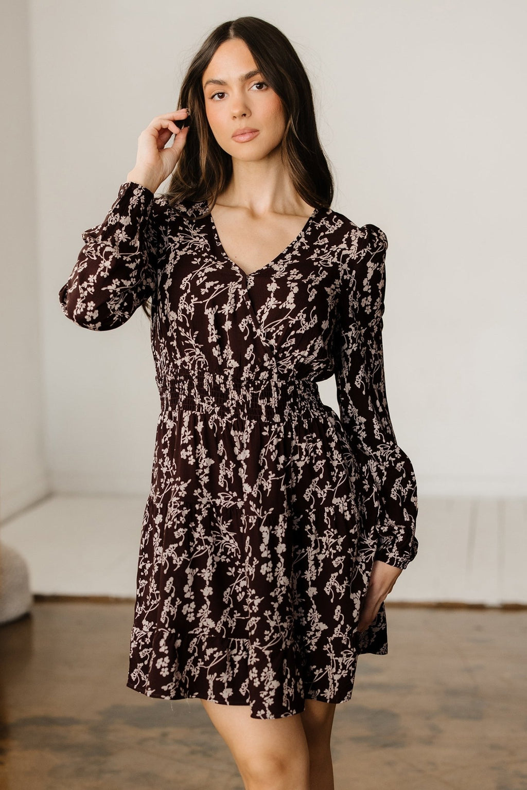 Brown Ditsy Floral Print Split Neck Long Sleeve Shirred Waist Flared Mini Dress - Rooted & Reckless Co.