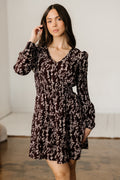 Brown Ditsy Floral Print Split Neck Long Sleeve Shirred Waist Flared Mini Dress - Rooted & Reckless Co.