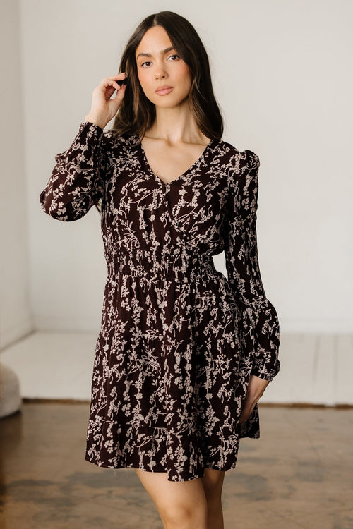 Brown Ditsy Floral Print Split Neck Long Sleeve Shirred Waist Flared Mini Dress - Rooted & Reckless Co.