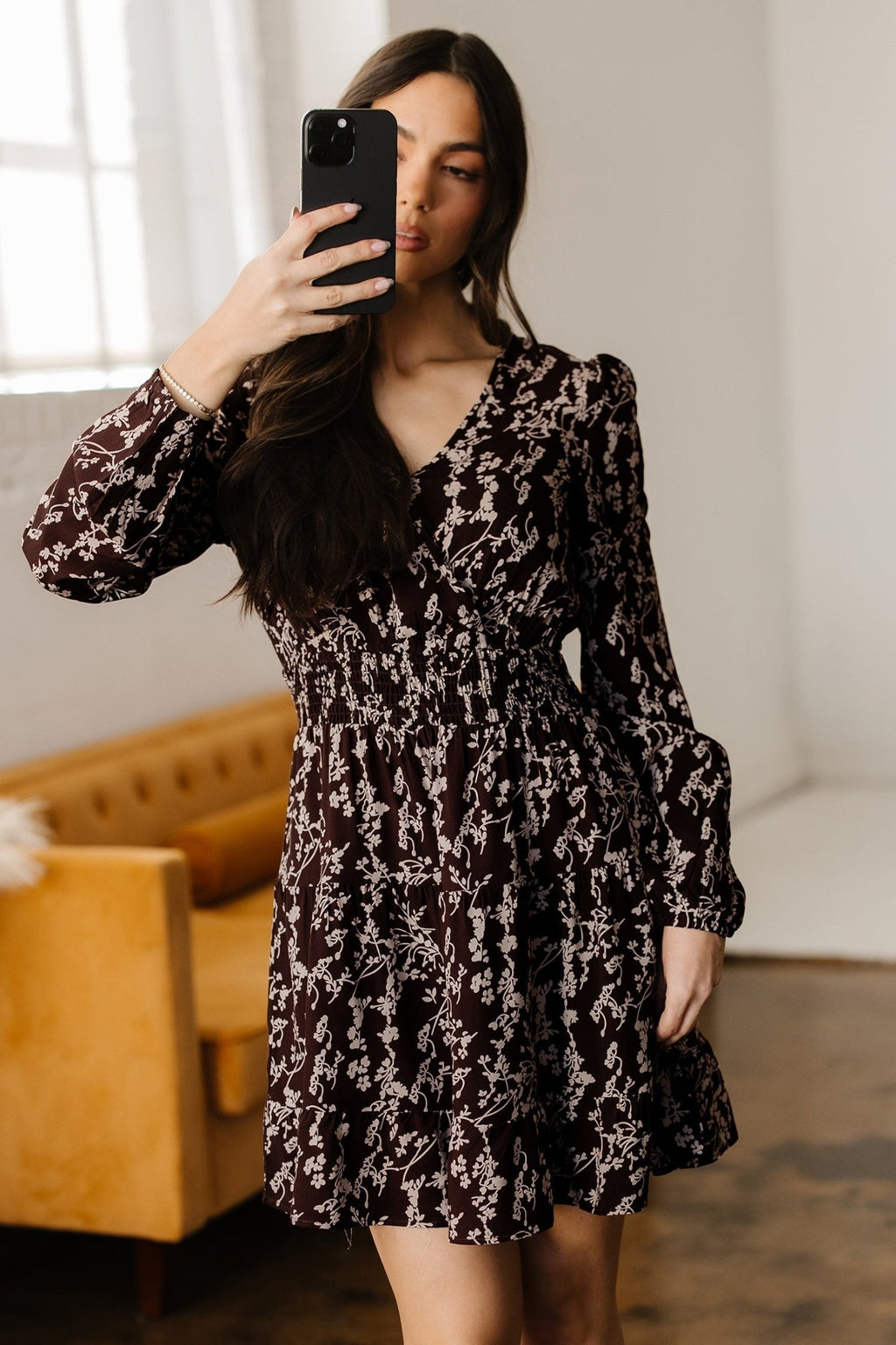 Brown Ditsy Floral Print Split Neck Long Sleeve Shirred Waist Flared Mini Dress - Rooted & Reckless Co.