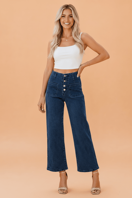 Buttoned High Waist Wide Leg Cropped Jeans - Rooted & Reckless Co.