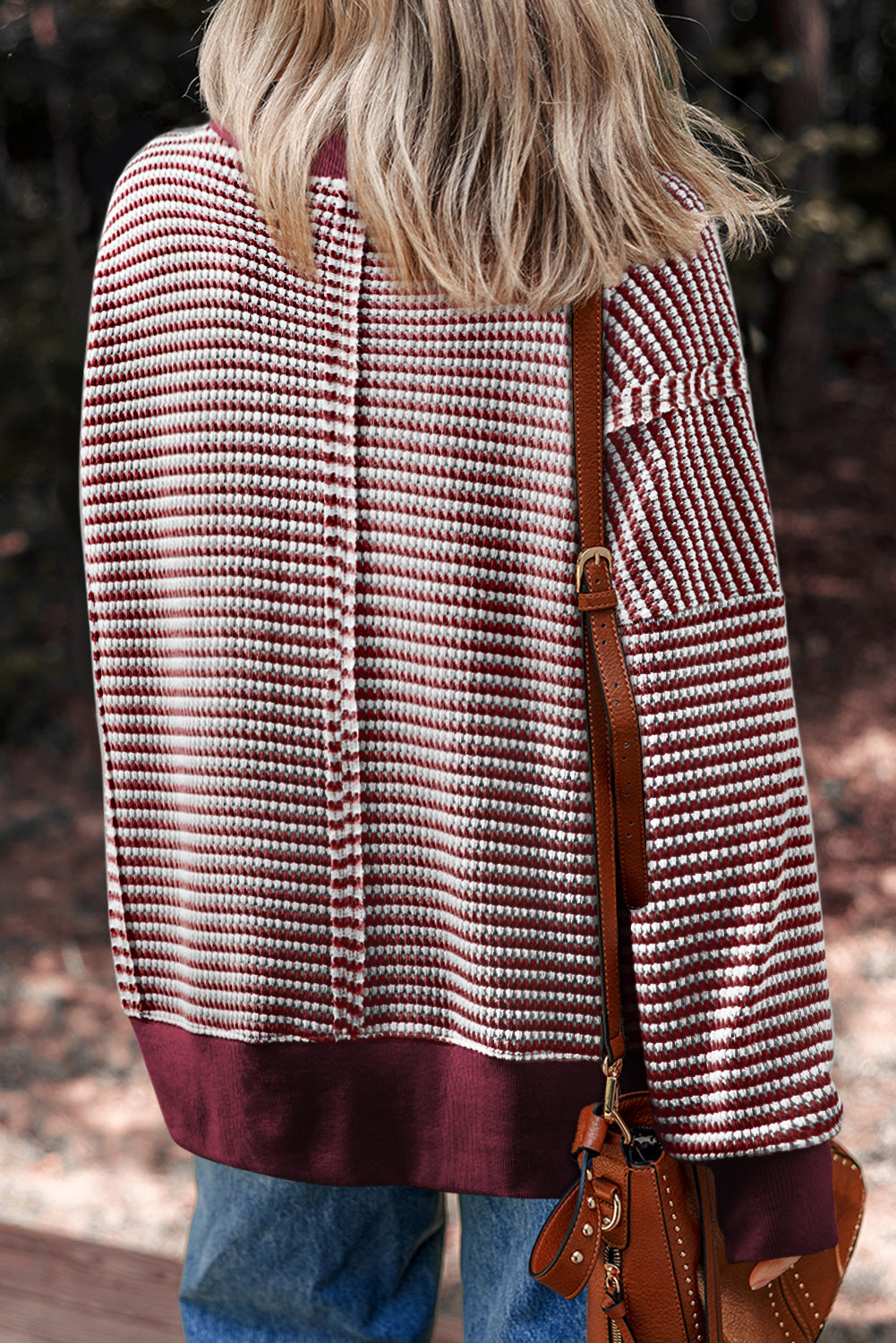 Stripe Ribbed Trim Drop Shoulder Top