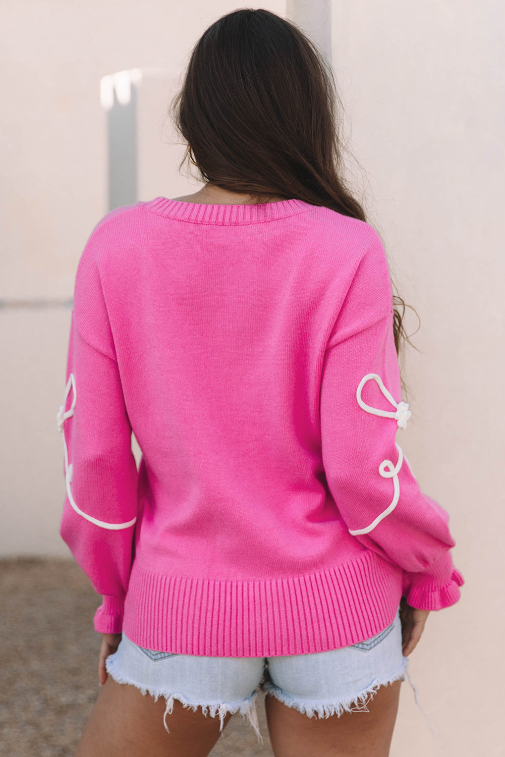 Bow Tie Corded Embroidery Ruffle Cuff Sweater