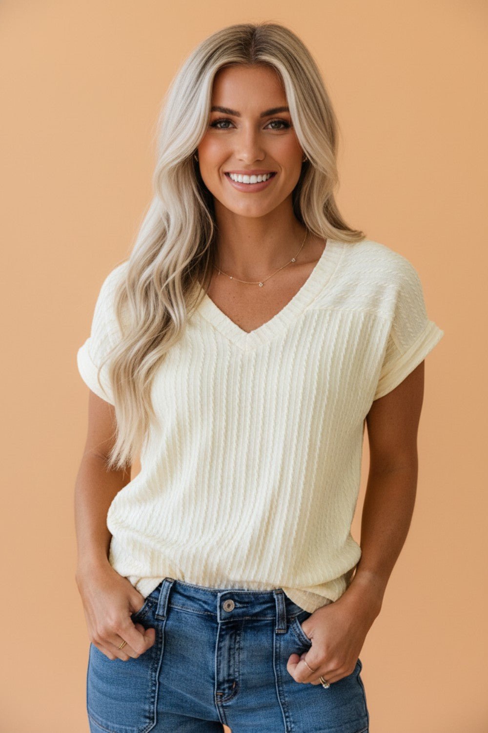 Cable Knit Textured V-Neck Short Sleeve T-Shirt - Rooted & Reckless Co.
